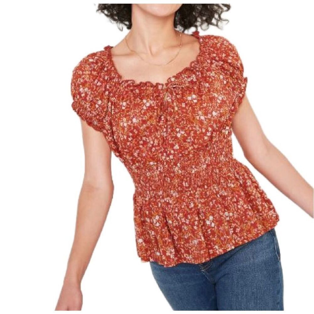 Old Navy orange floral puff sleeve smocked top size M